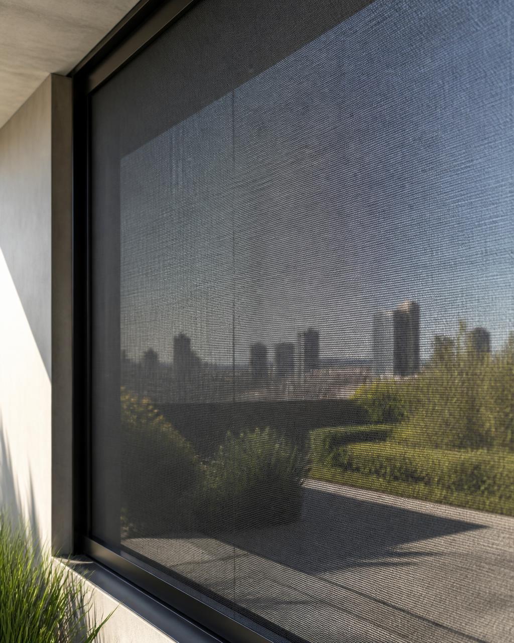 ZIP Screen textil tensionat pe o fereastră mare, prin care se vede peisajul