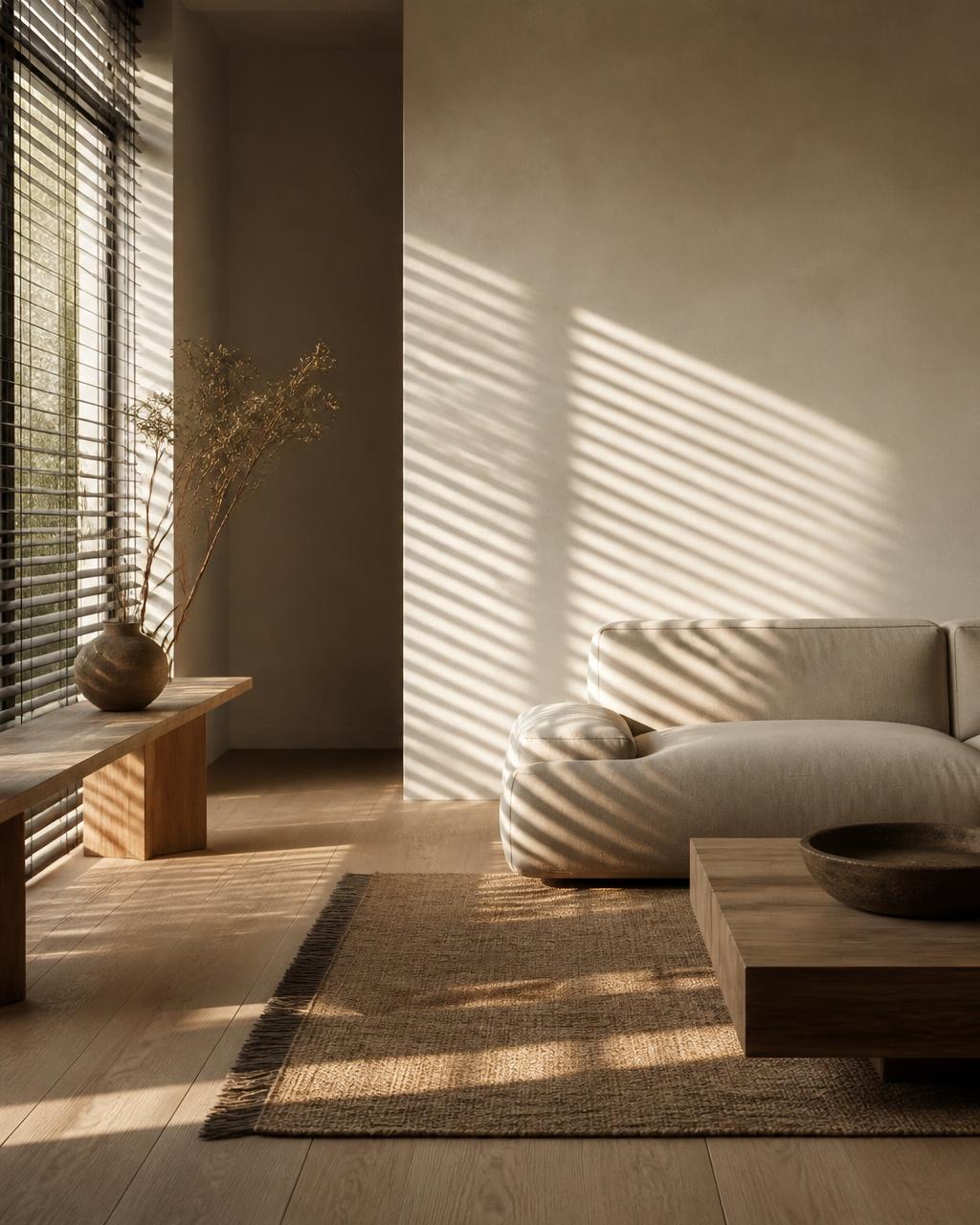 Lumină filtrată de lamelele jaluzelelor exterioare pe pereții unui living minimalist