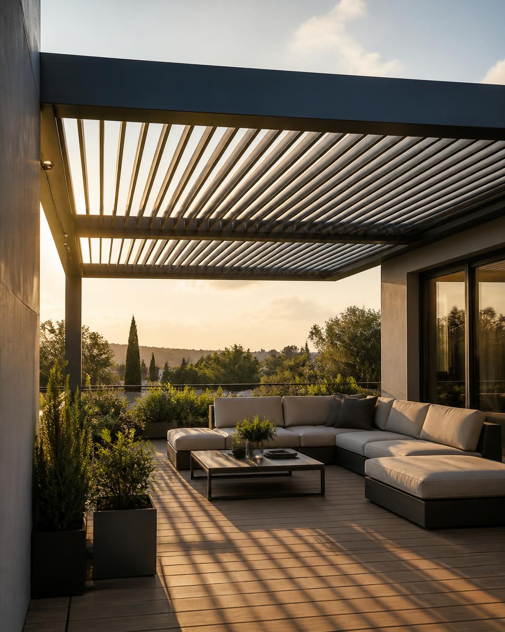 Pergolă bioclimatică din aluminiu peste o terasă amenajată, la lumina serii