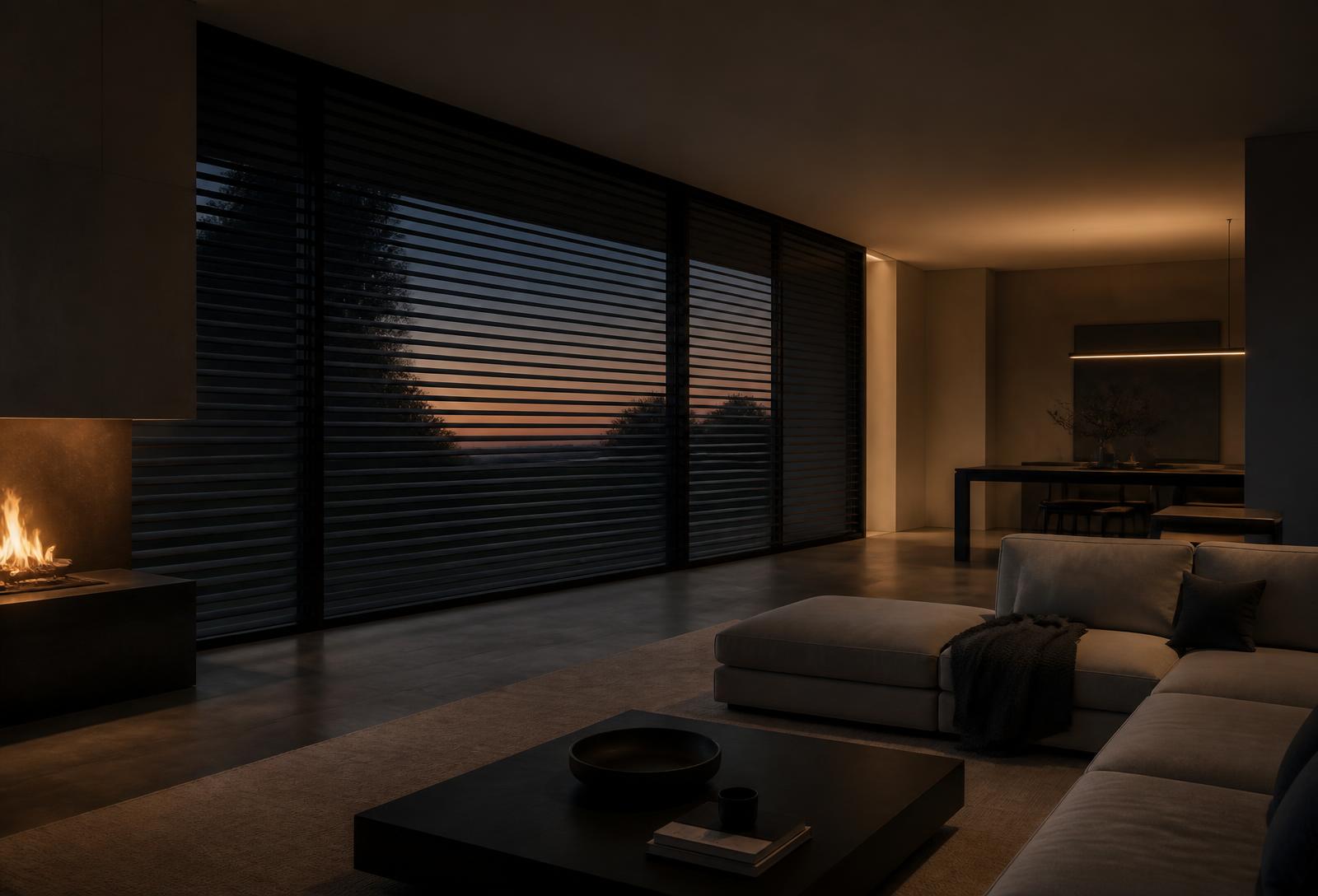 Living modern seara, cu jaluzelele exterioare în mișcare pe fereastra panoramică